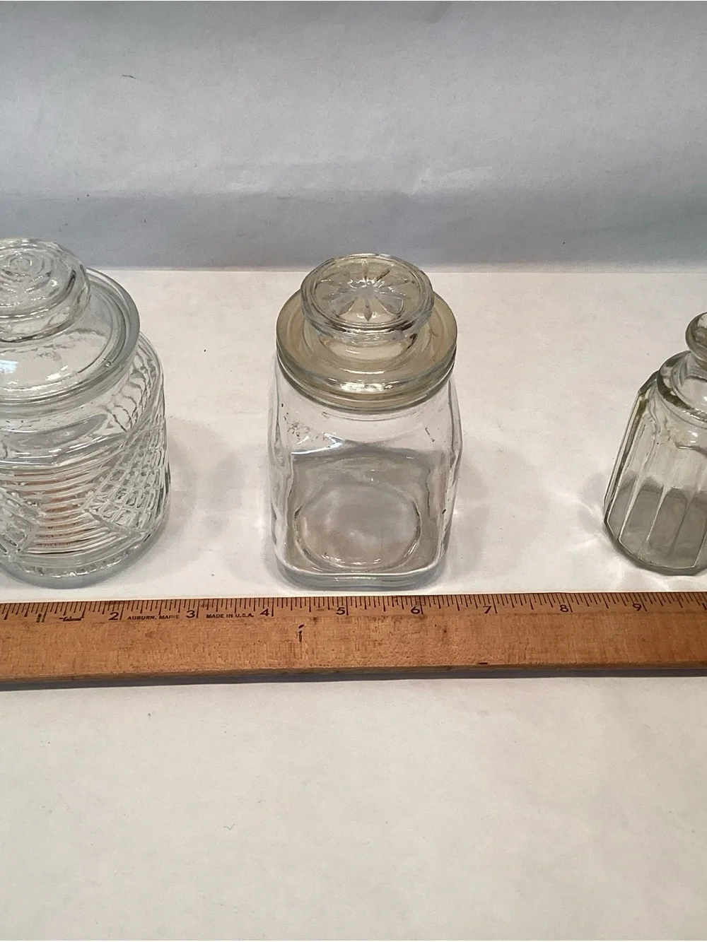 3 Vintage Spice Jars Apothcary Etched Glass With Rose On Lid Corked 4 1/2”